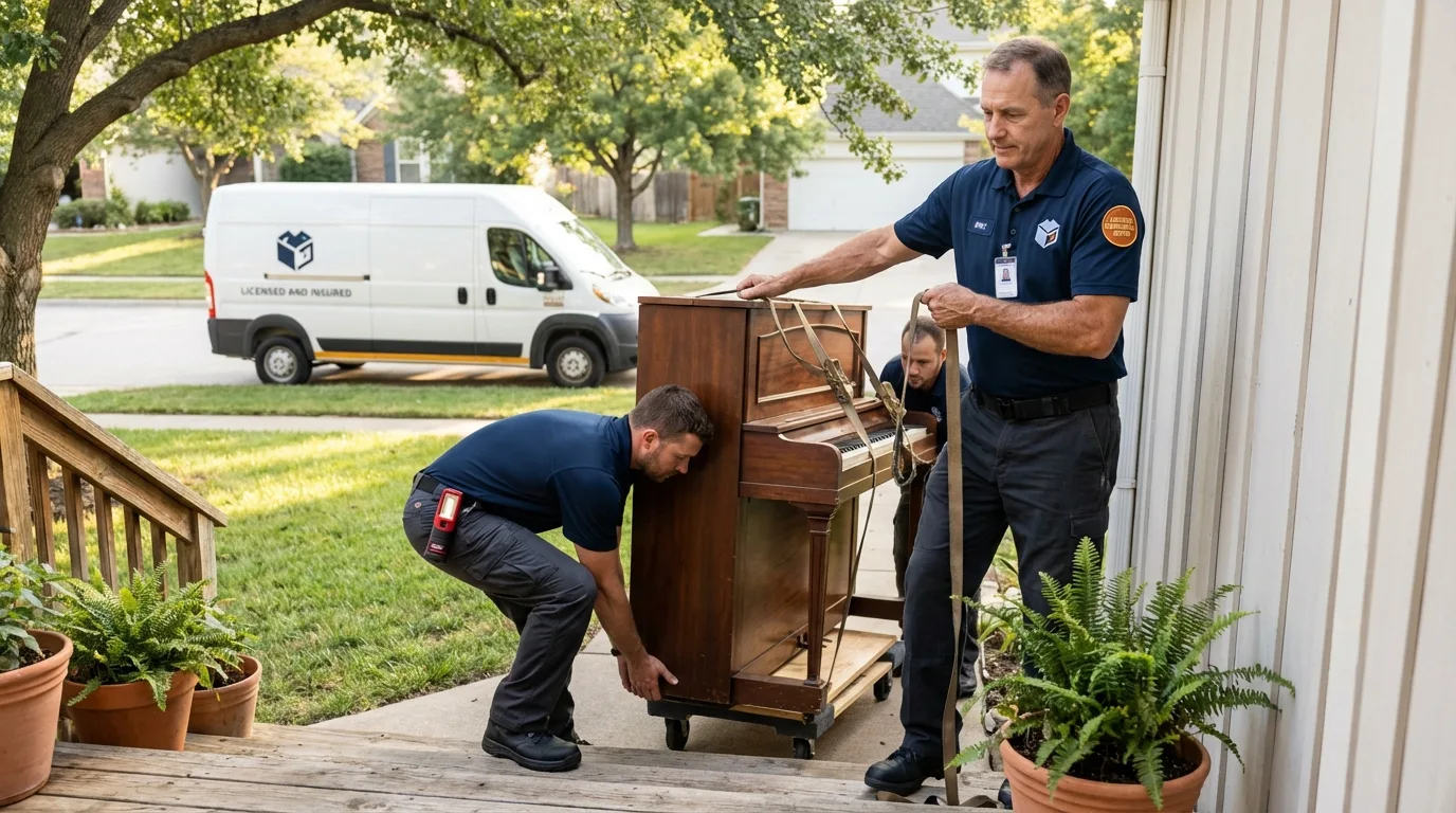 Licensed piano movers securing grand piano in Liberty, PA