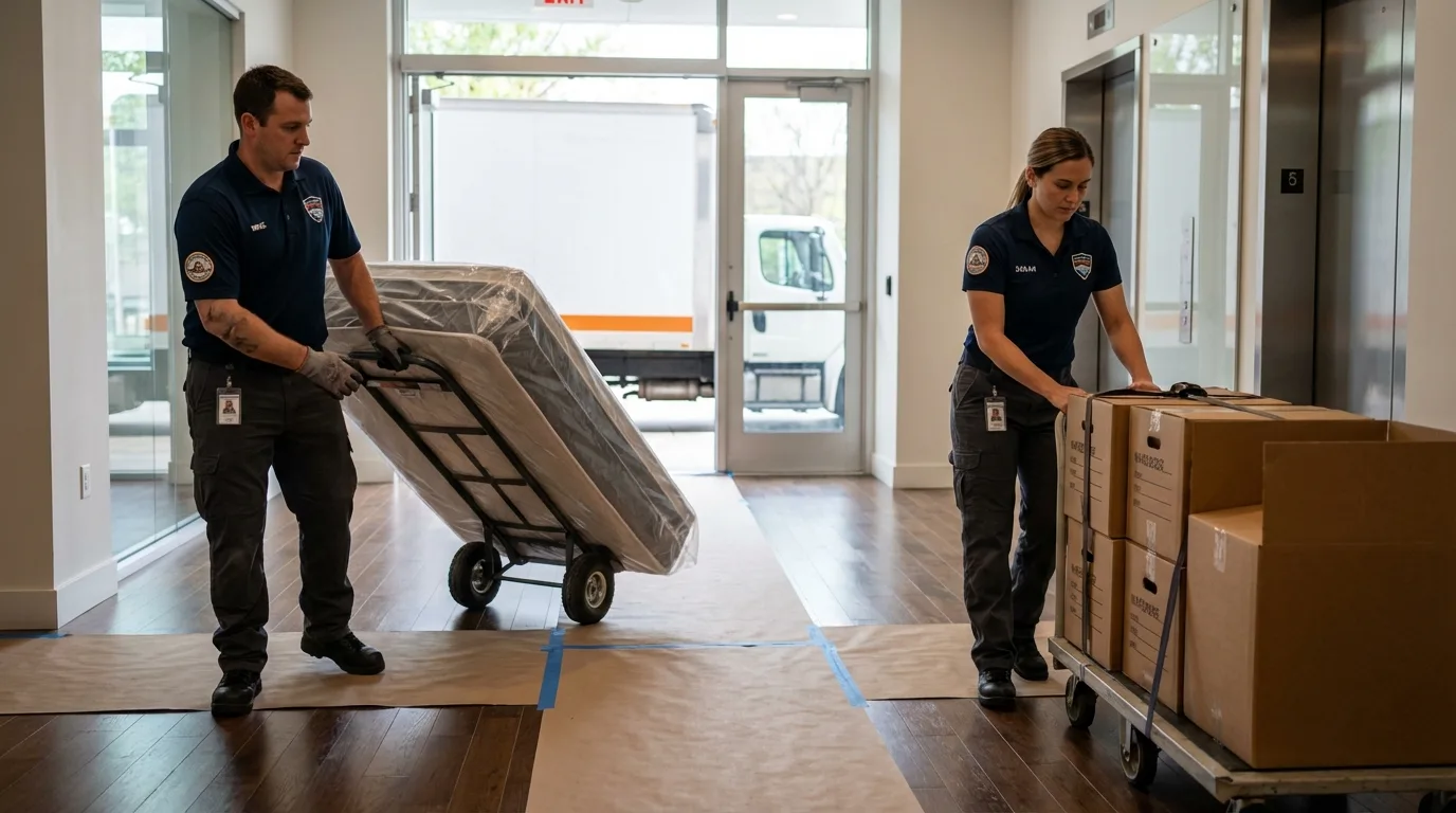Professional apartment movers loading elevator in Liberty, PA
